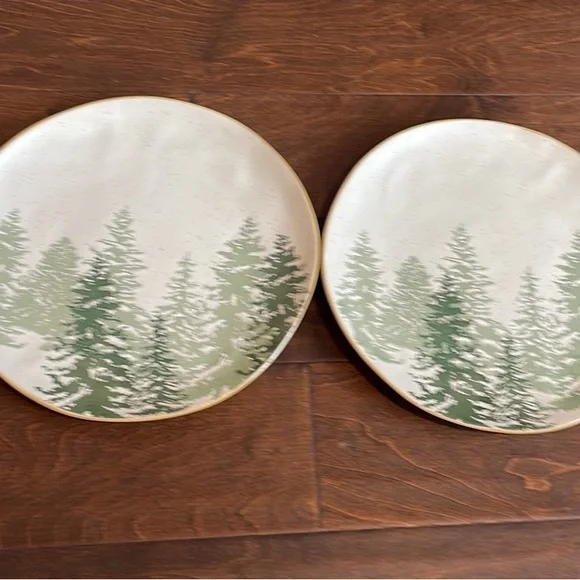 Eli & Ana Evergreen Trees Christmas Set Of 2 Dinner Plates Ceramic Round - Picture 2 of 2
